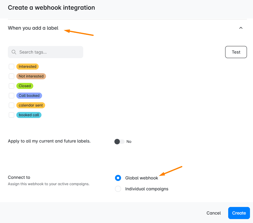 Image of Webhook setup in Skylead to trigger when a label is added