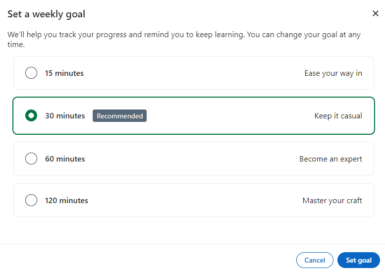 Weekly goal types in LinkedIn Learning