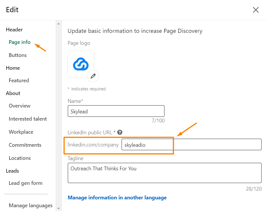 How to change company URL step 2, Page info on LinkedIn
