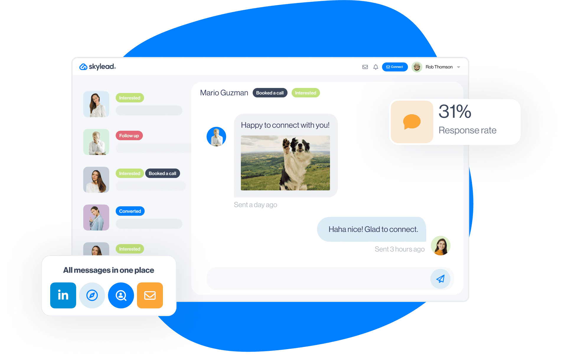 Image of Skylead Smart Inbox with messages integrations box with logos of LinkedIn, Sales Navigator, Recruiter and email along with the card of conversion results - 31% response rate