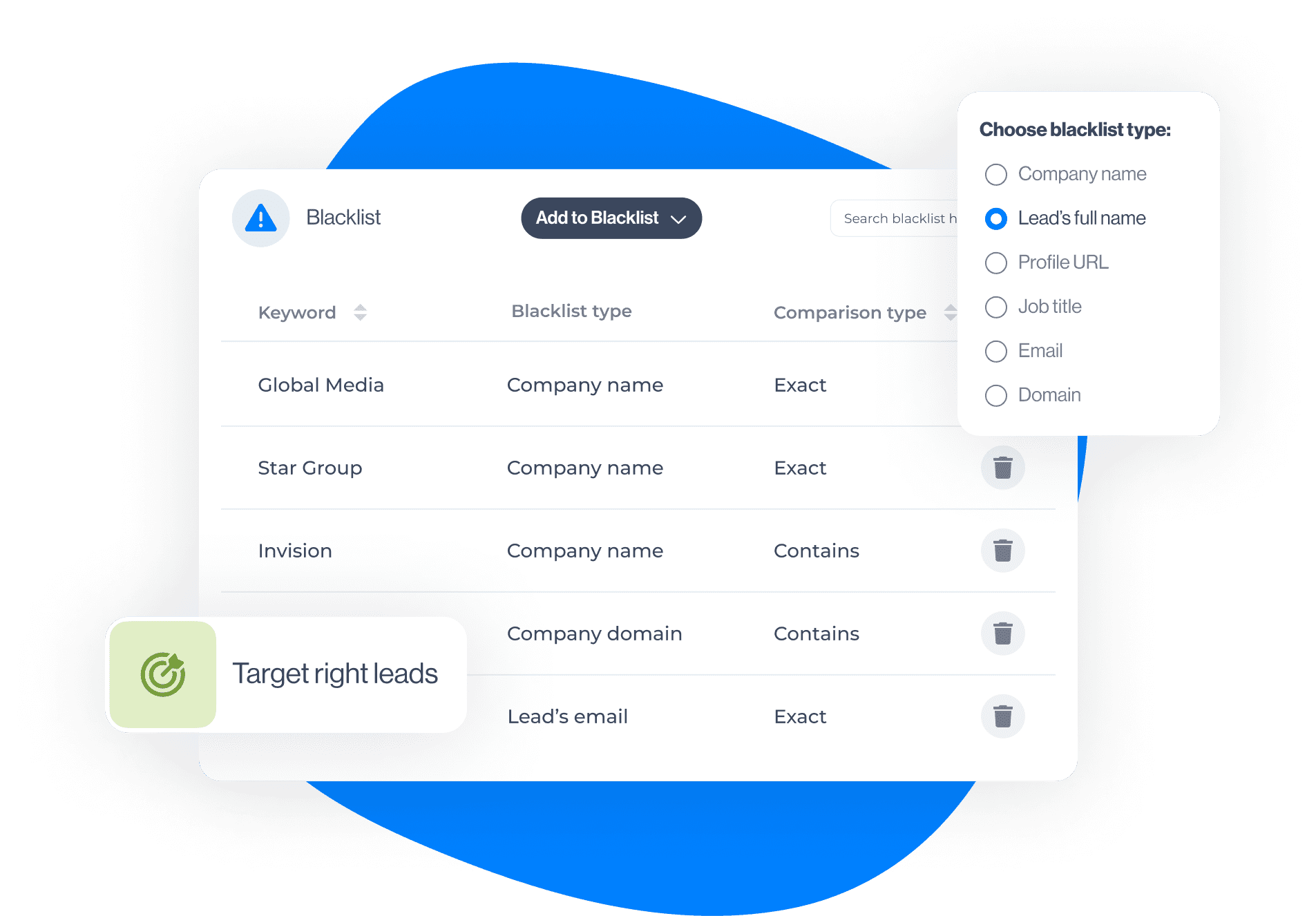 Image of Blacklist dashboard in Skylead with options of blacklist types and card with Tartget right leads