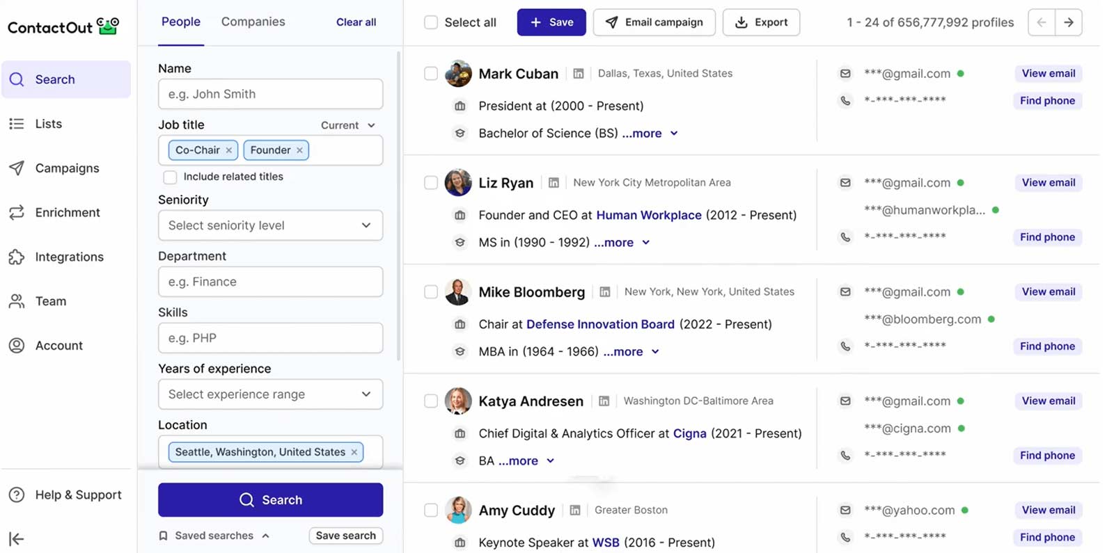 Contactout dahsboard, B2B prospecting tools