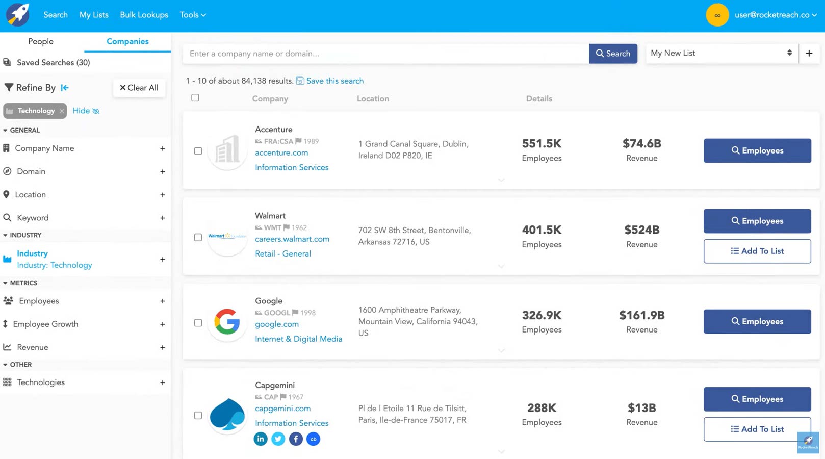 Rocketreach dashboard, B2B prospecting tools list