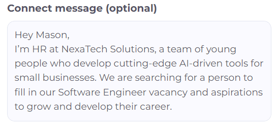 Cold connection request example for recruiters
