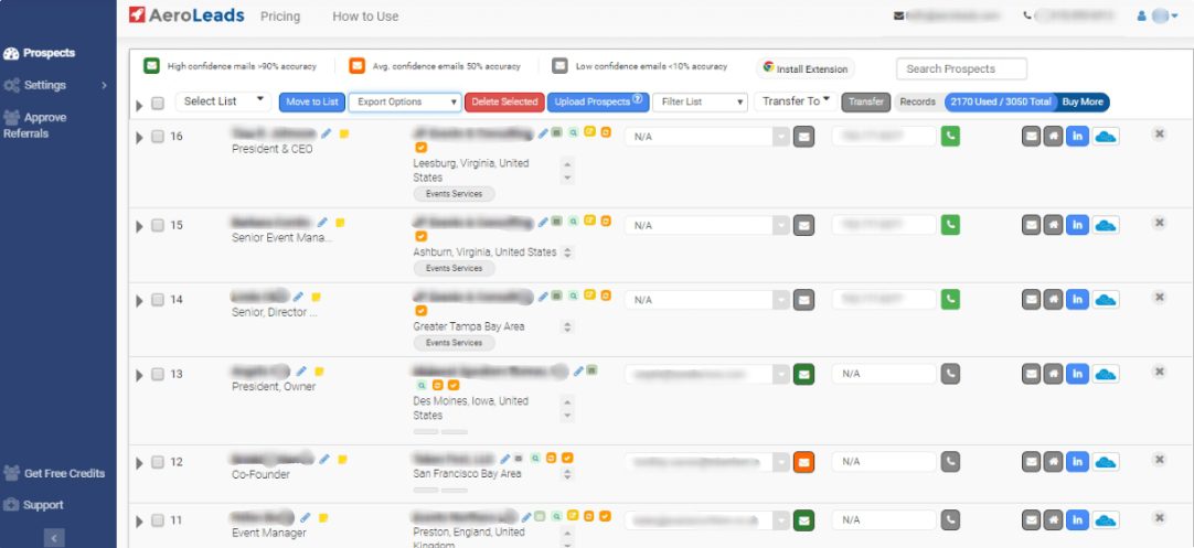 Aeroleads Prospects Screenshot