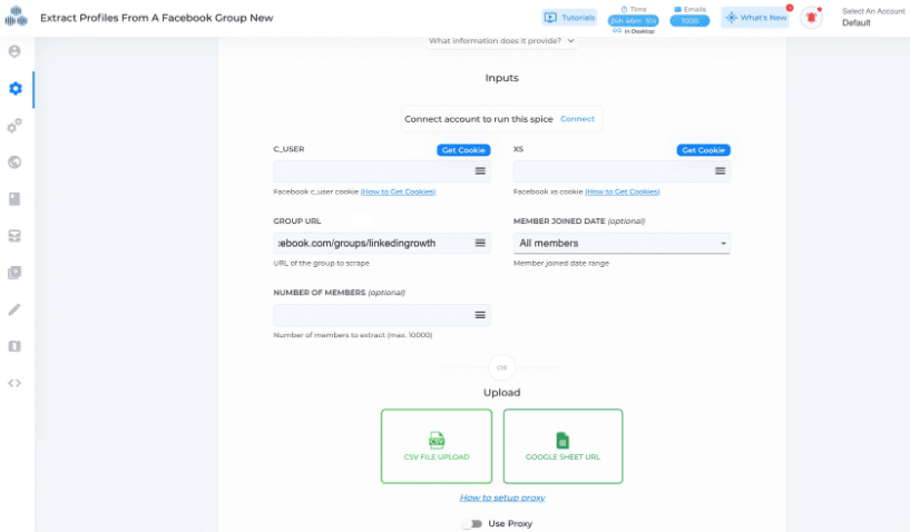 TexAu inputs, Facebook group profile extraction, Screenshot