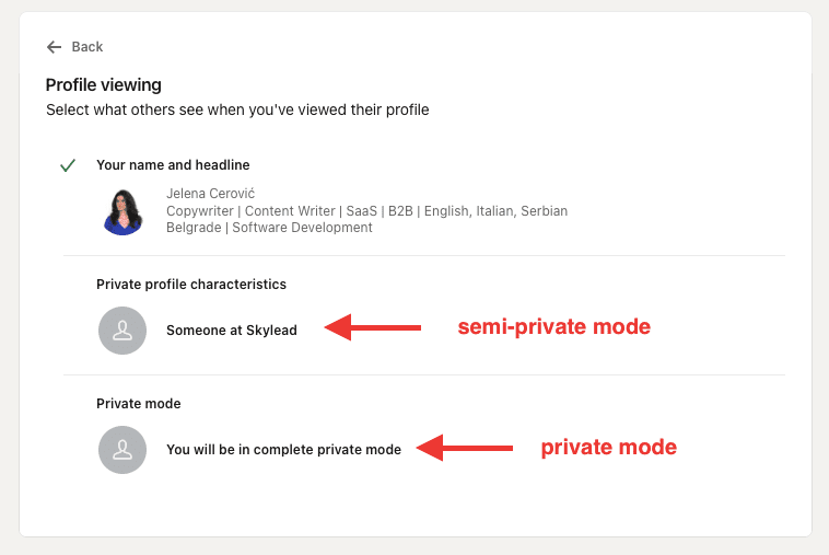 Visibility modes for browsing on LinkedIn