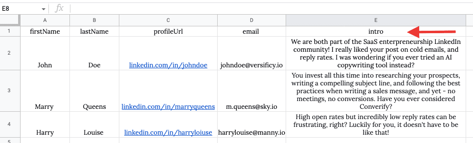 CSV file, example, Skylead CSV-file cold outreach campaign 