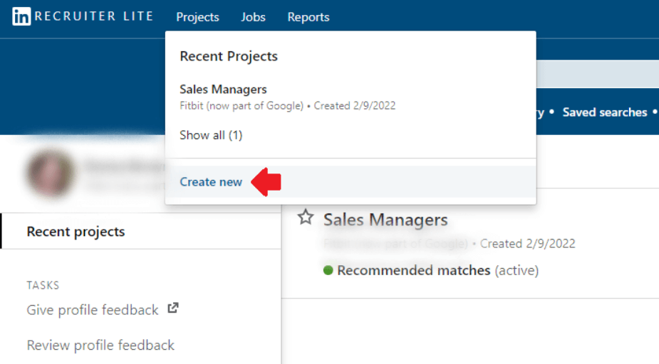 LinkedIn Recruiter Lite, Image of how to create a project to find employees