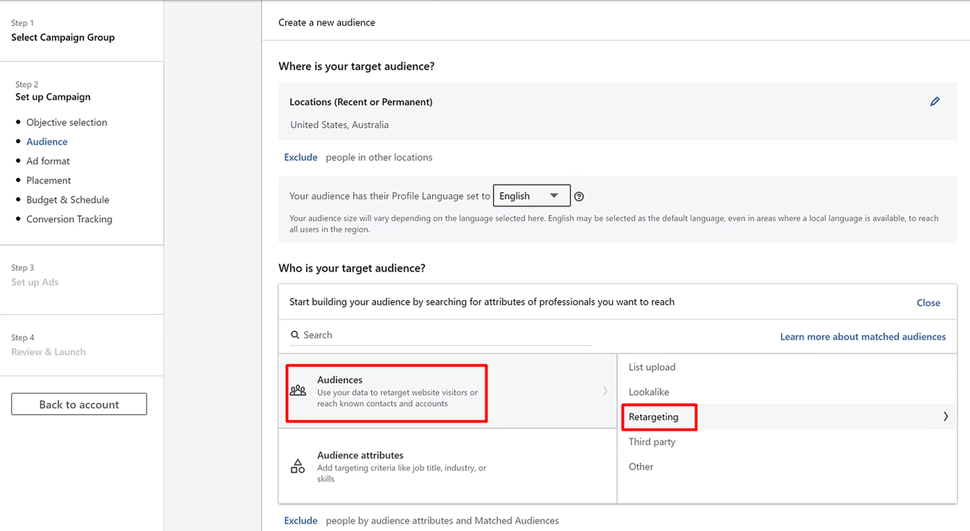 Image of how to create LinkedIn lead generation ad step 4, setting up the targeting