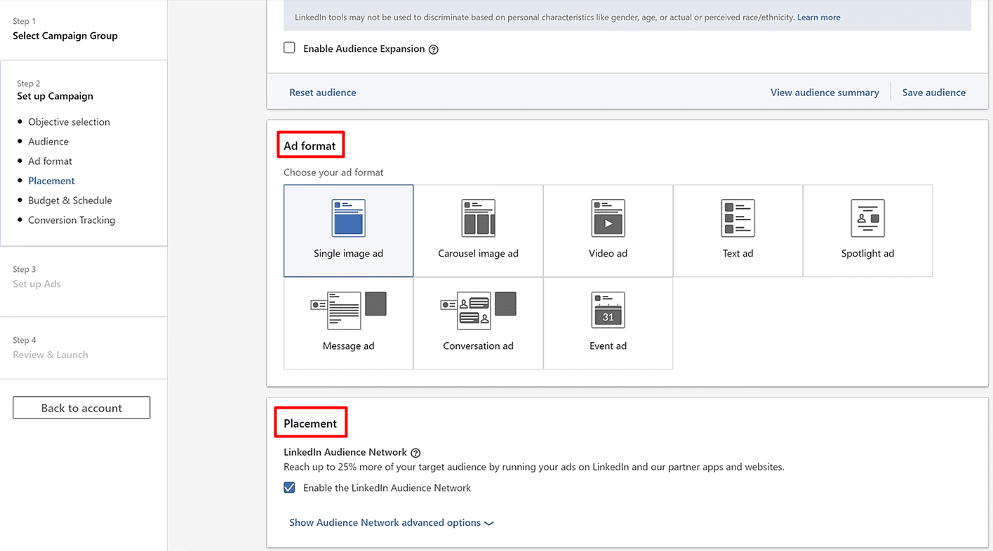 Image of how to create LinkedIn lead generation ad step 5, choosing an ad format and placement