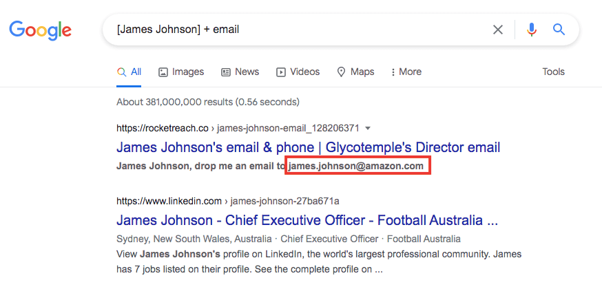 Image demonstrating how to find someone's email address using Google Search for the name and word 'email'