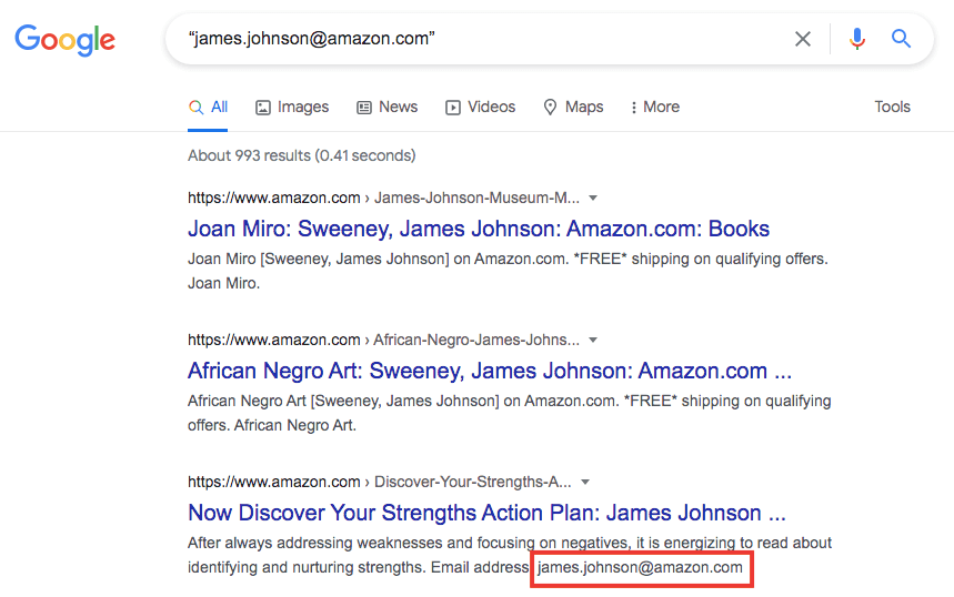 Image demonstrating how to find someone's email address using Google Search for exact email