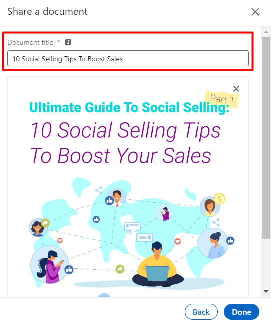 Image of step 4 of how to post on LinkedIn, document upload and naming the title