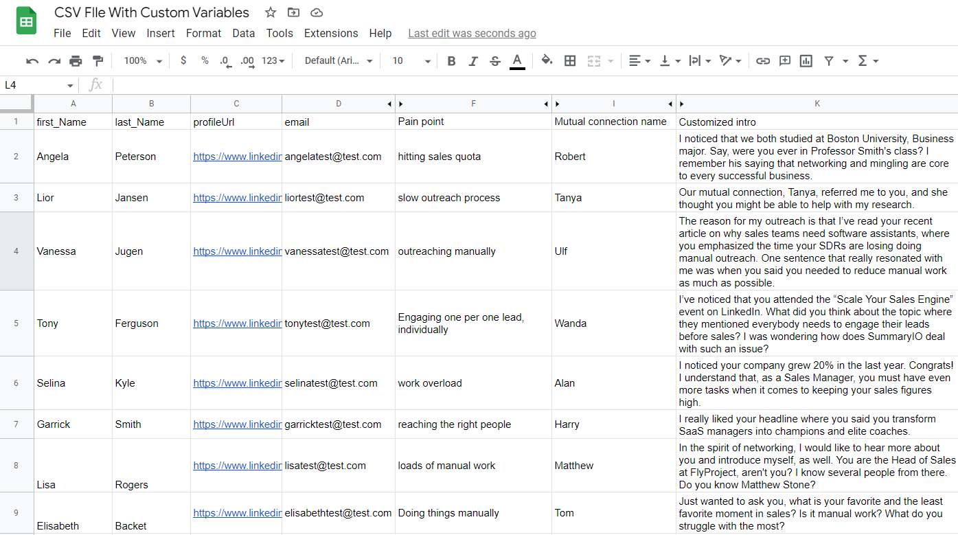 Image of CSV file example with personalized information to outreach leads with LinkedIn Automation & Cold Email software