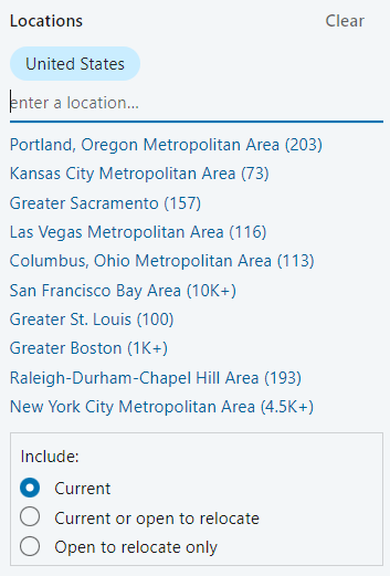 LinkedIn Recruiter Lite, Image of Location filter to find employees on specific locations