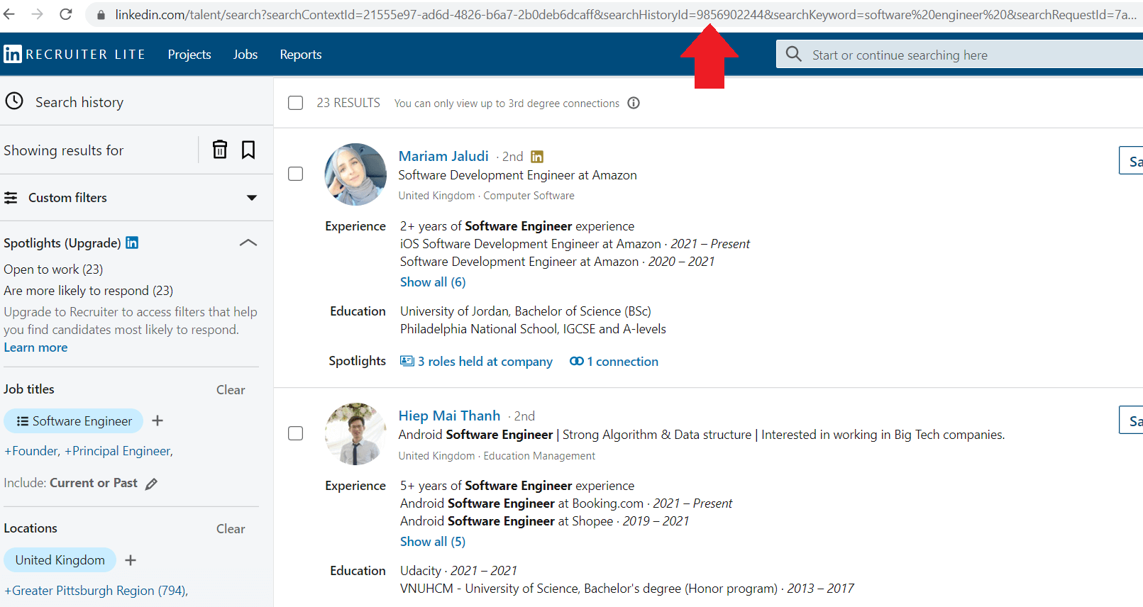 Image of LinkedIn Recruiter lite search URL