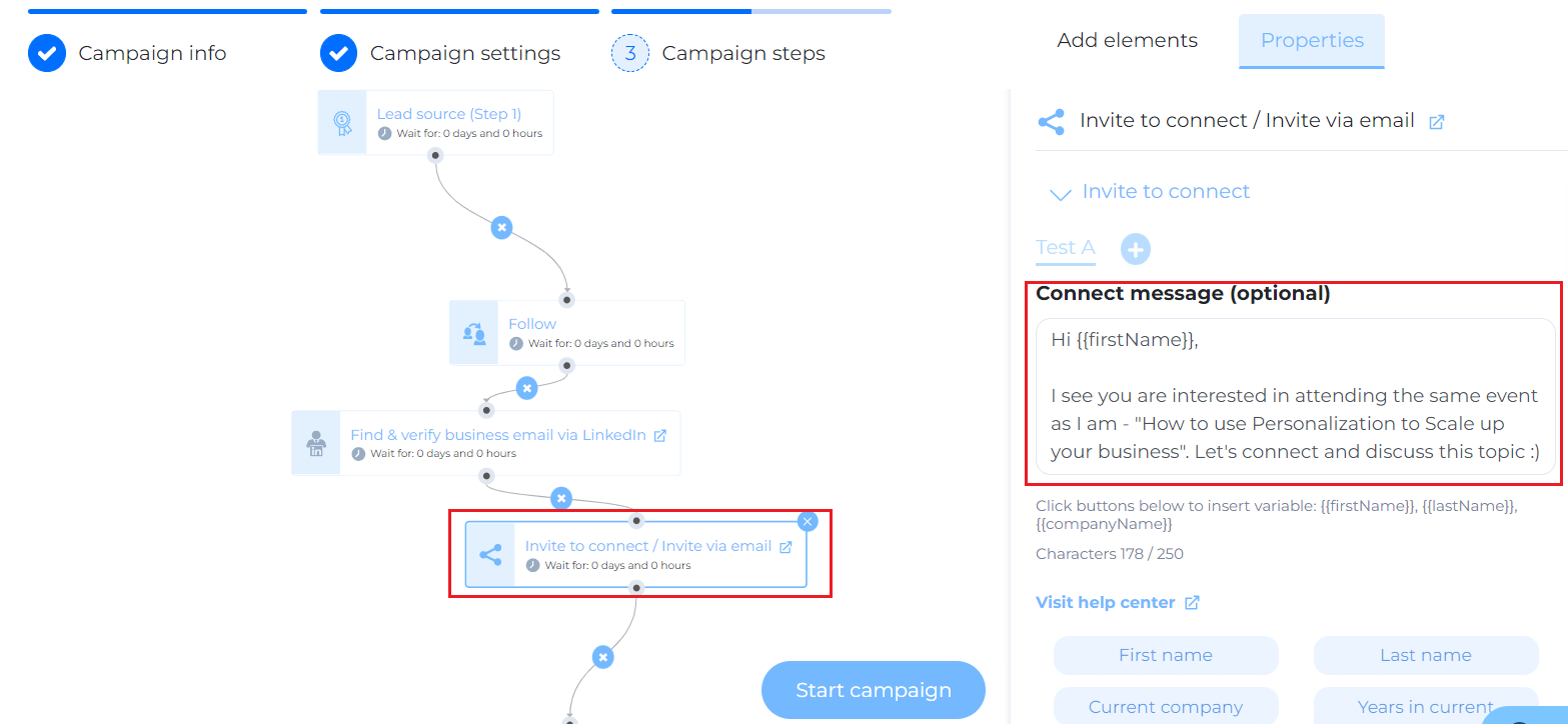 Image of personalized Invite message with Skylead's variables 1