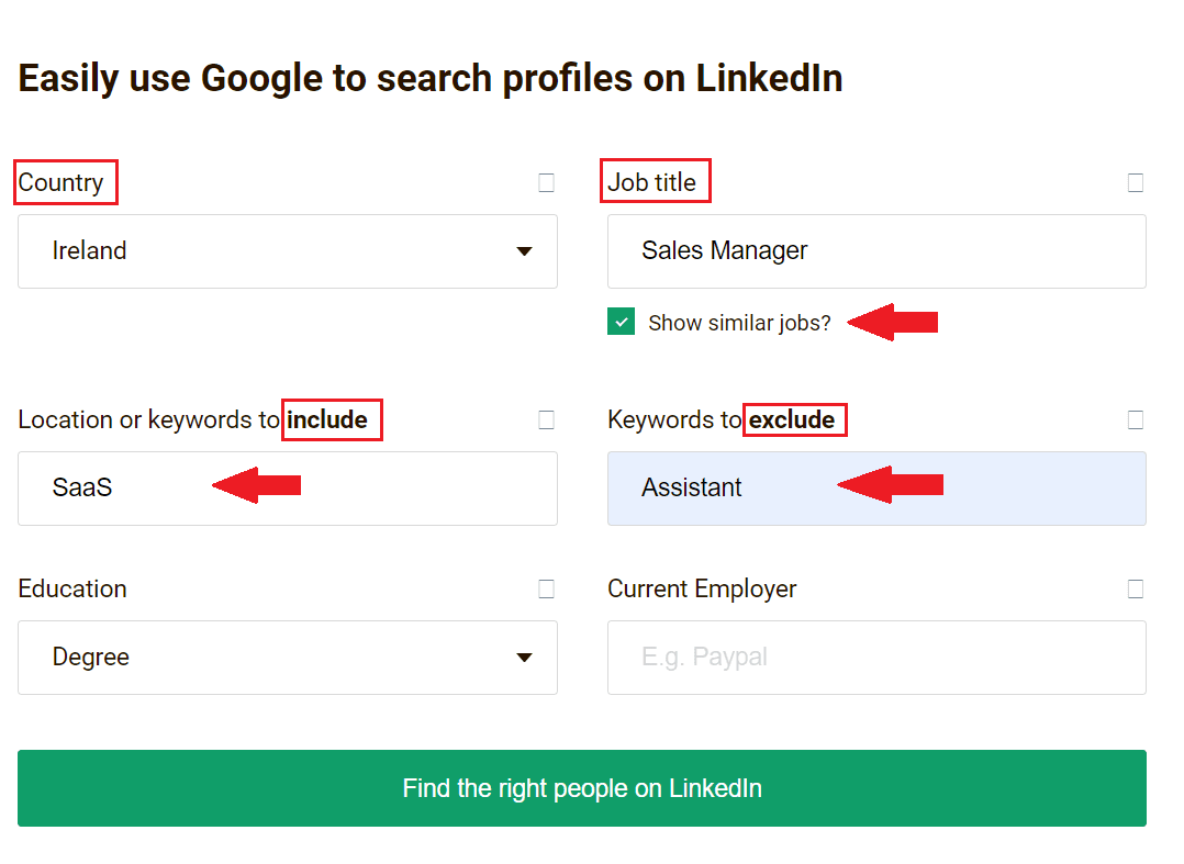 Image of LinkedIn Xray search query generator setup