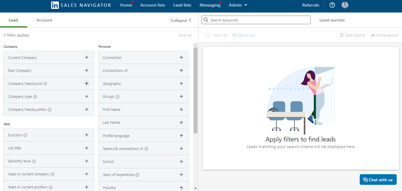 How to create and use B2B buyer persona for sales lead generation, Image of Sales Navigator lead filters options