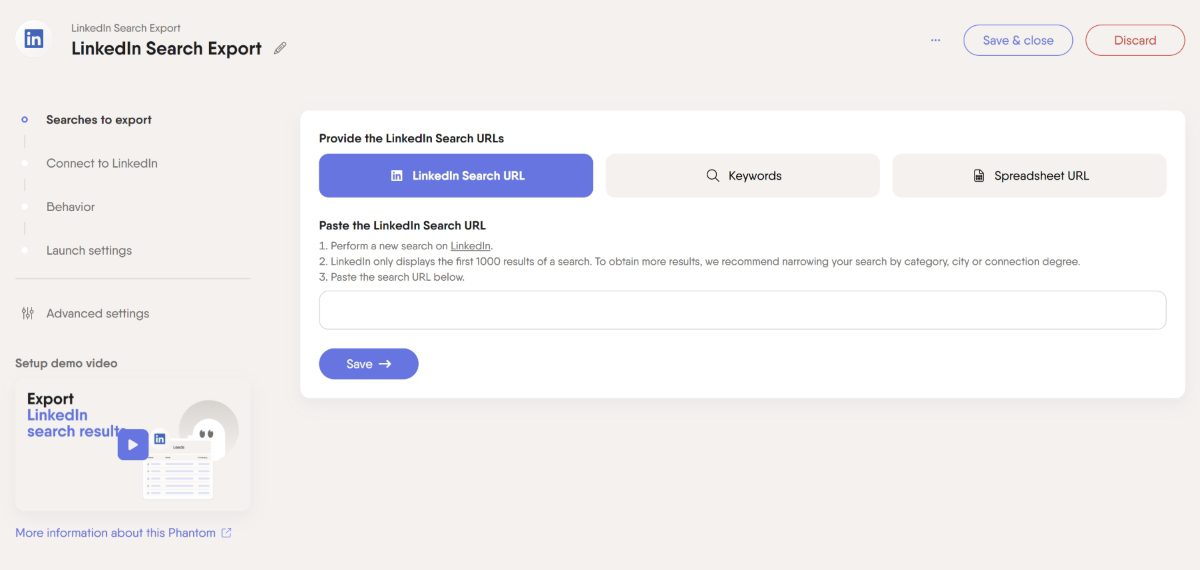 LinkedIn search export process in Phantombuster