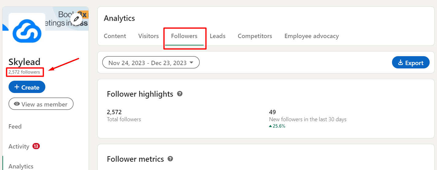 Skylead Page followers, LinkedIn