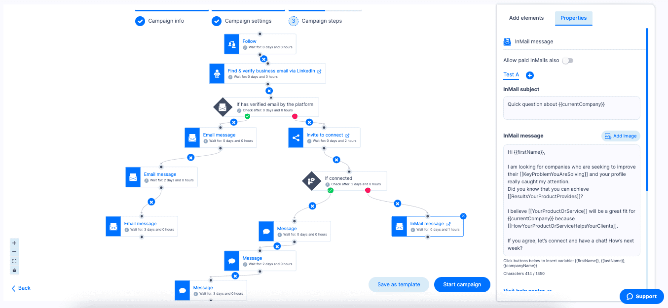 Smart sequence with InMails on Skylead, example 