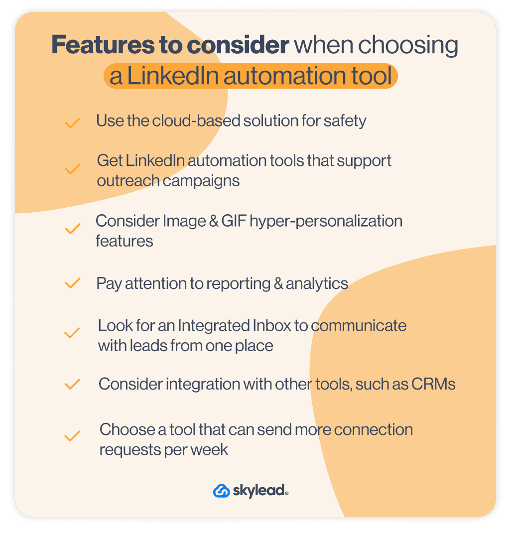 Image of the list of features you need to consider when researching LinkedIn automation tools