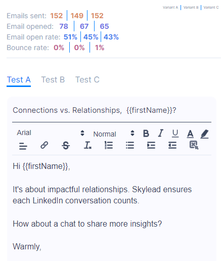 An image of an A/B testing option in Skylead