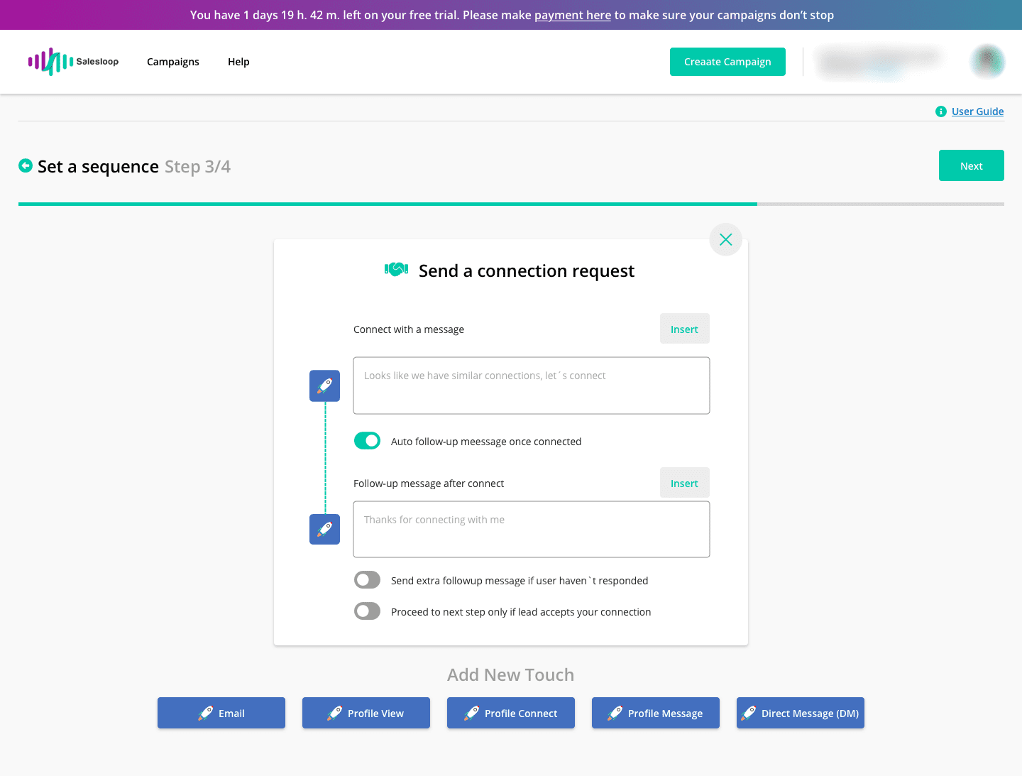 The image of a sequence setup page in Salesloop