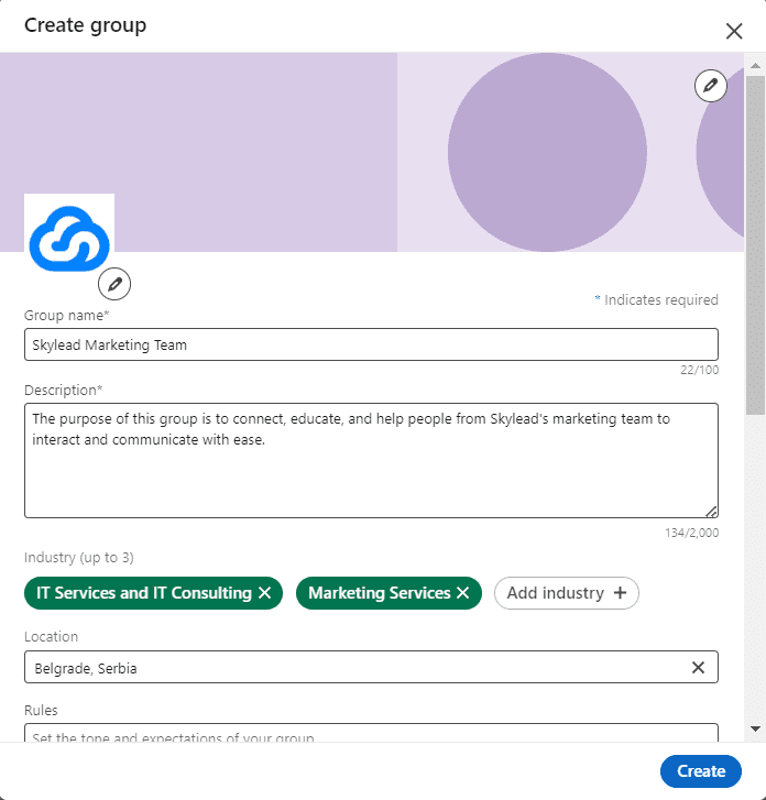 Create group, popup window