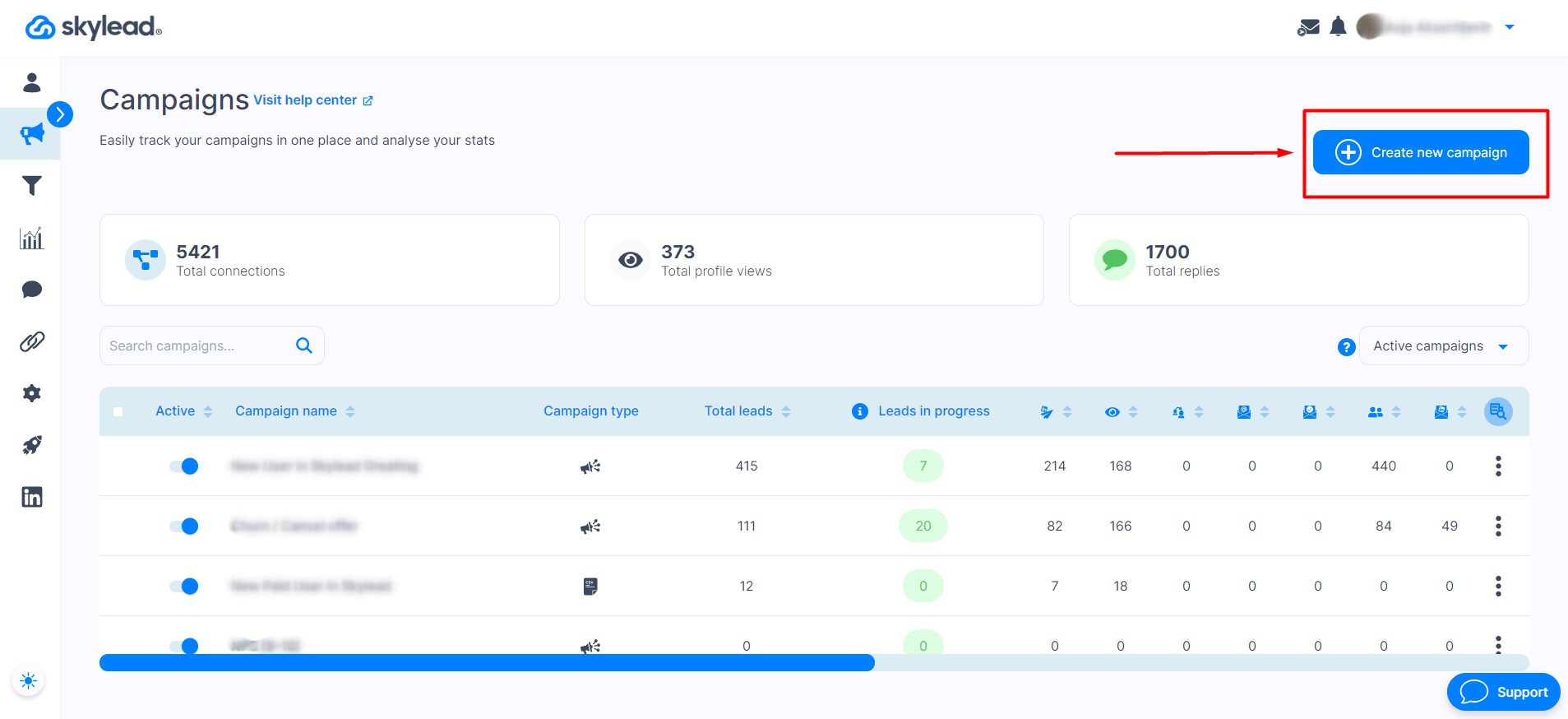 Skylead dashboard, create new campaign