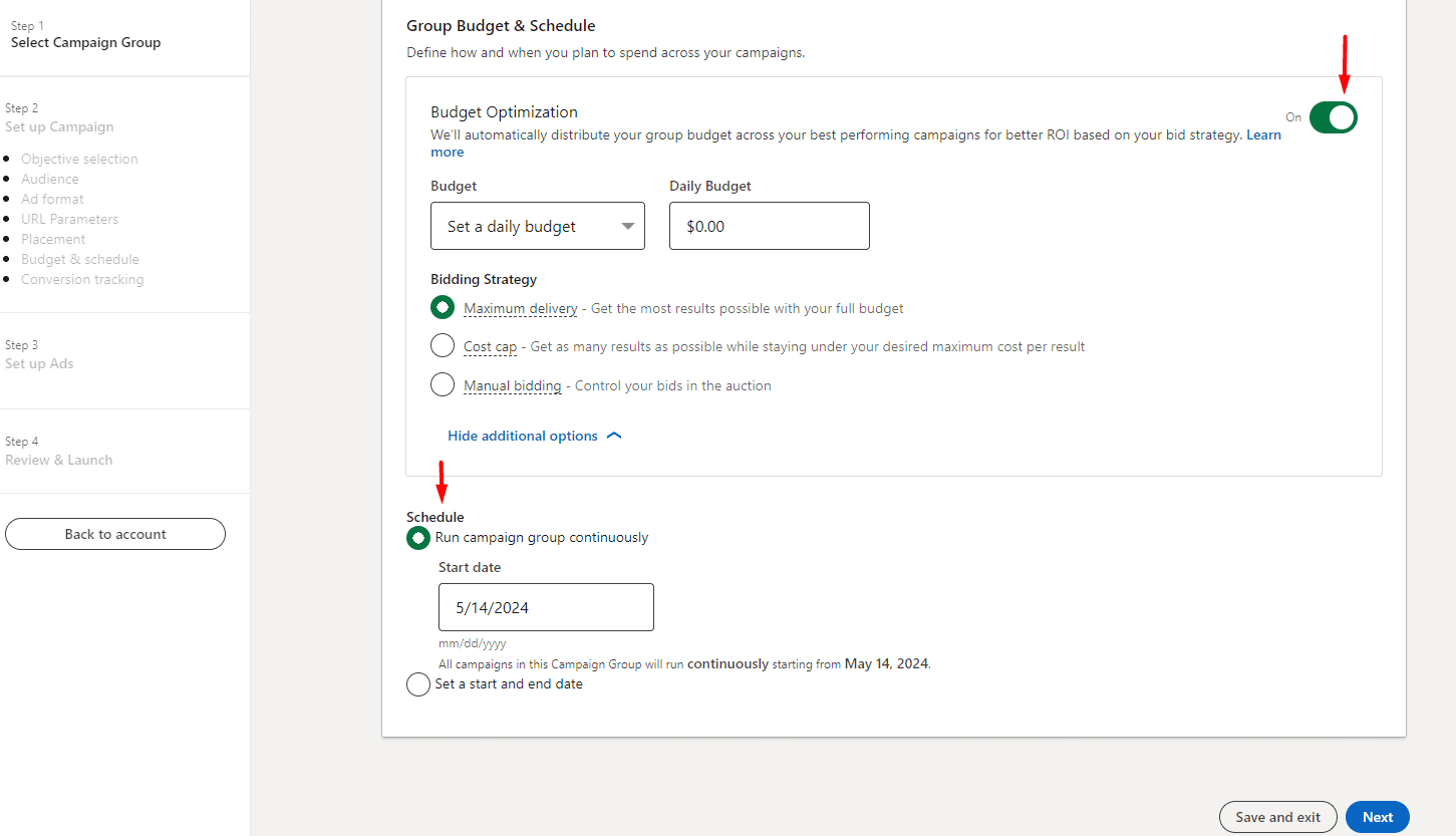 Setting a budget to be used on LinkedIn for B2B marketing ads and a campaign schedule