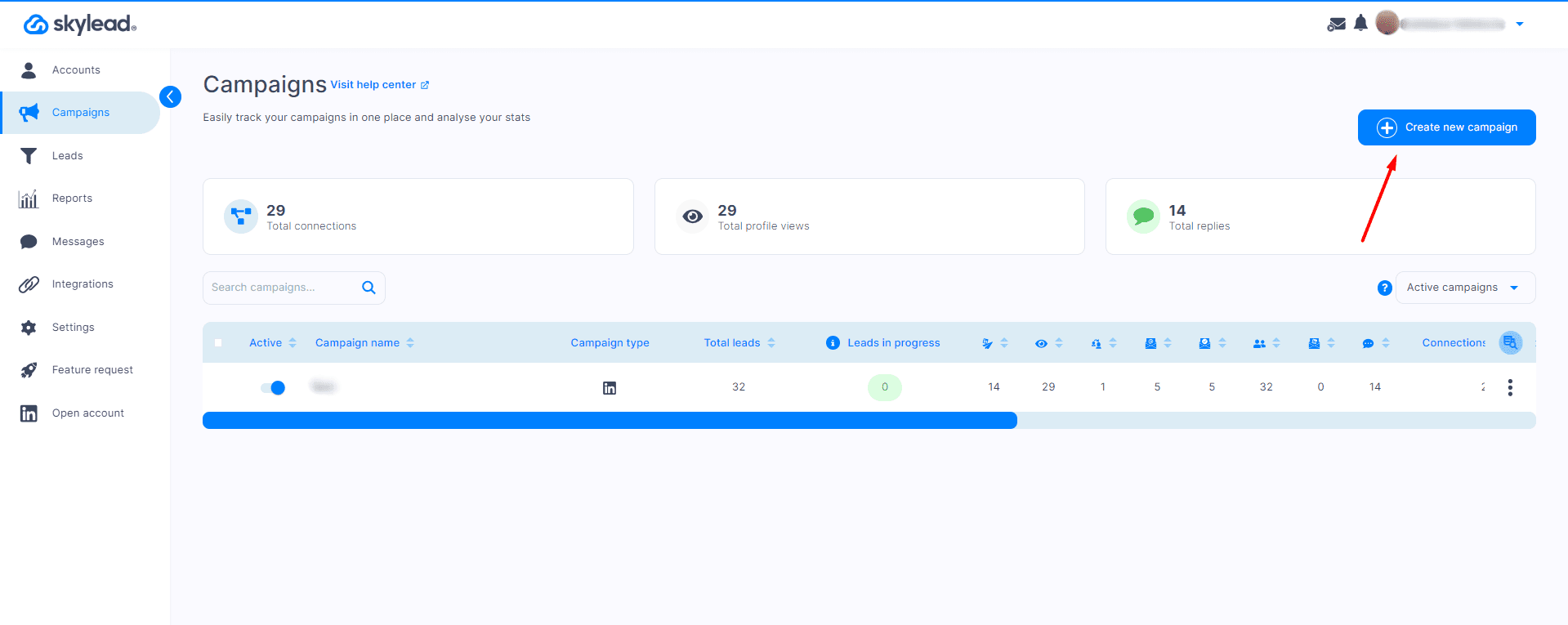 Campaigns page in Skylead with the arrow pointing to the create new campaign button