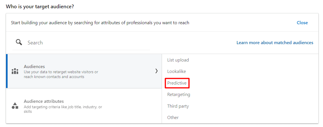 Choosing predictive audience during ad campaign creation process in Campaign Manager on LinkedIn