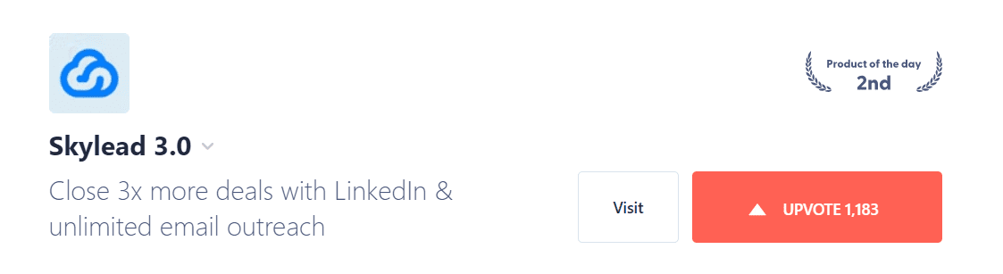 A screenshot taken on Skylead's Product Hunt launch page that shows the company won 2nd place