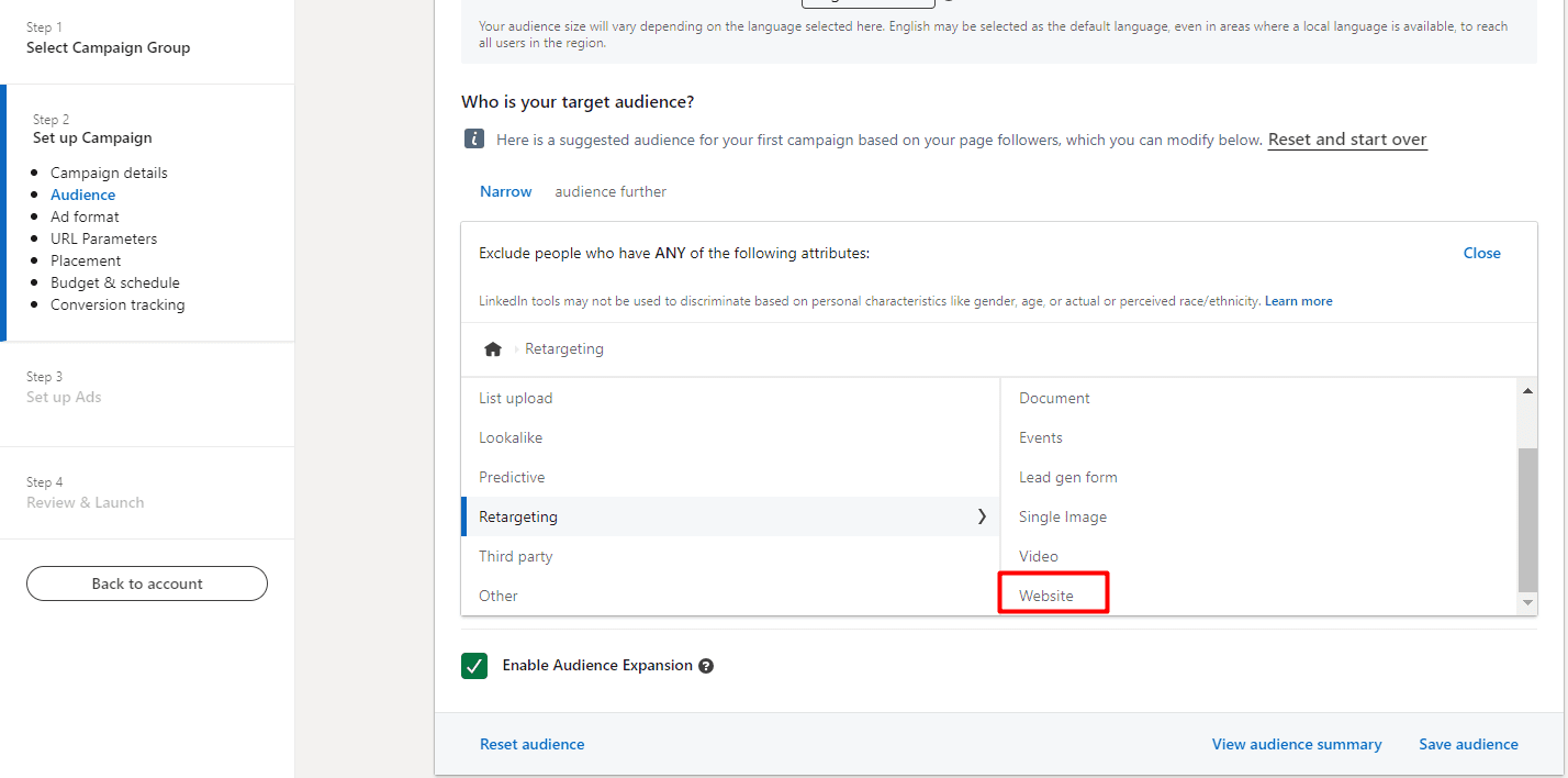 A website button under the retargeting audience in Campaign Manager on LinkedIn