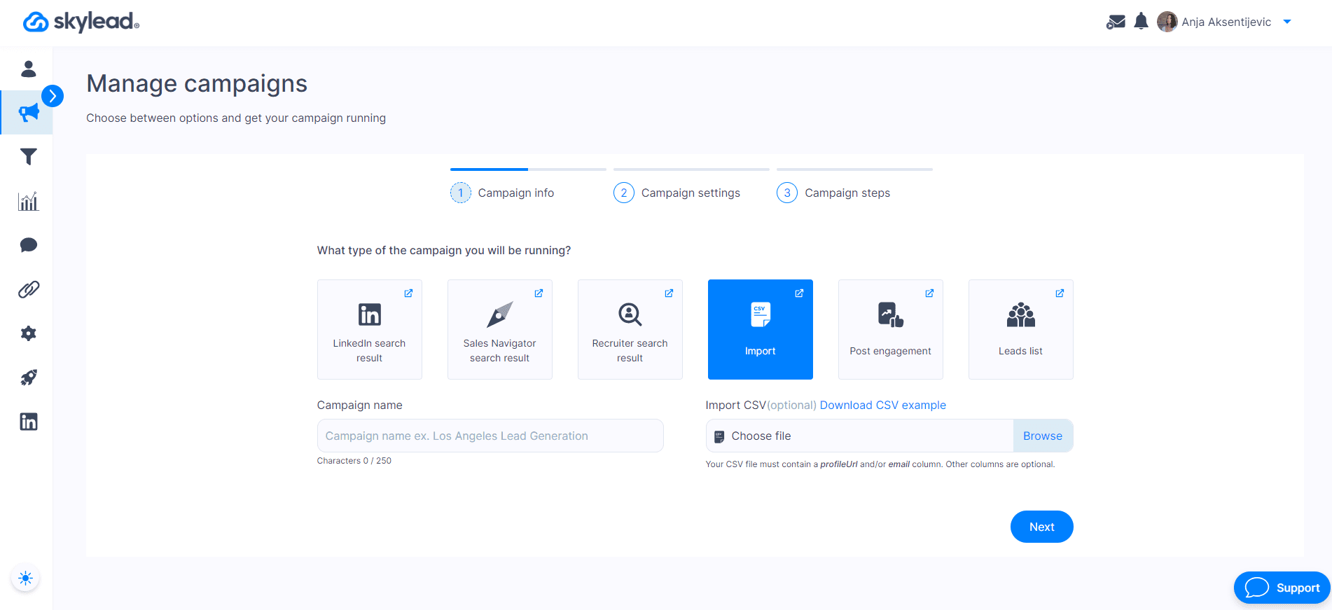 CSV campaign creation, step 2, choose campaign type