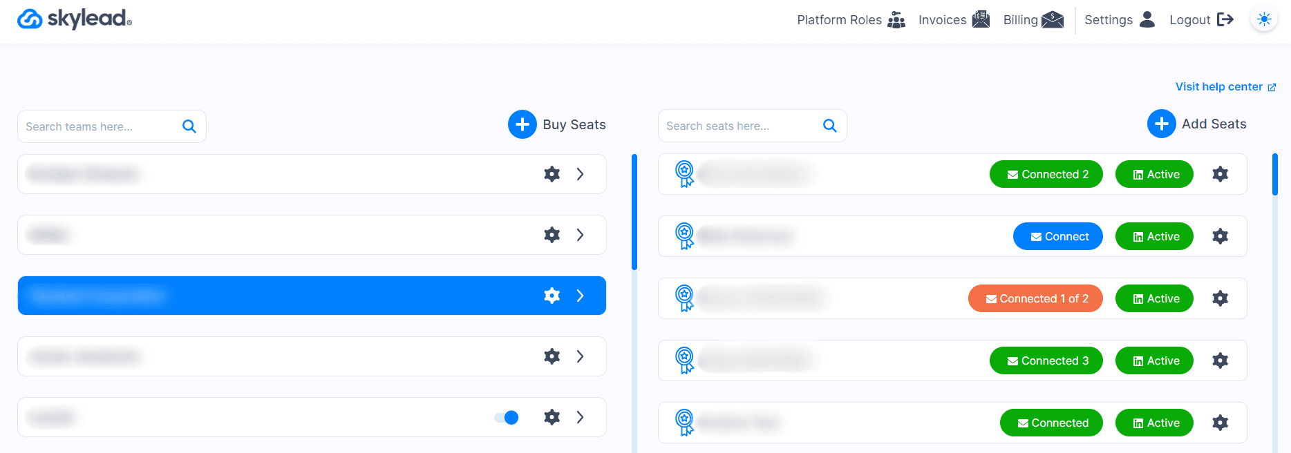 Skylead dashboard showing different teams and seats