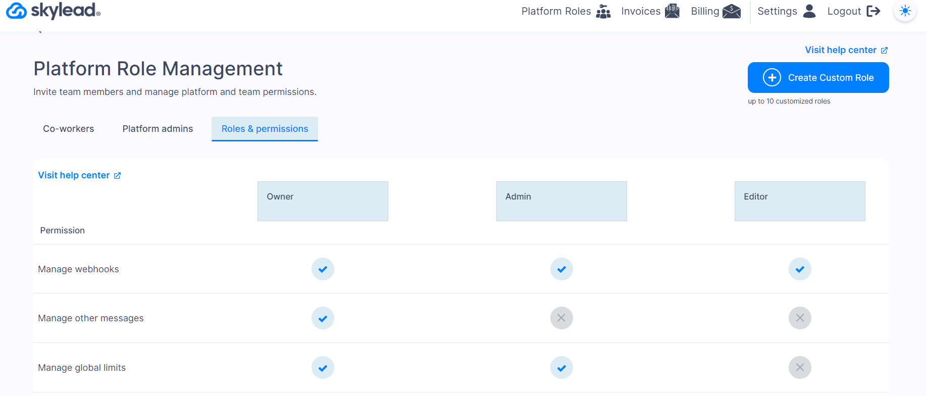 Platform role management page in Skylead