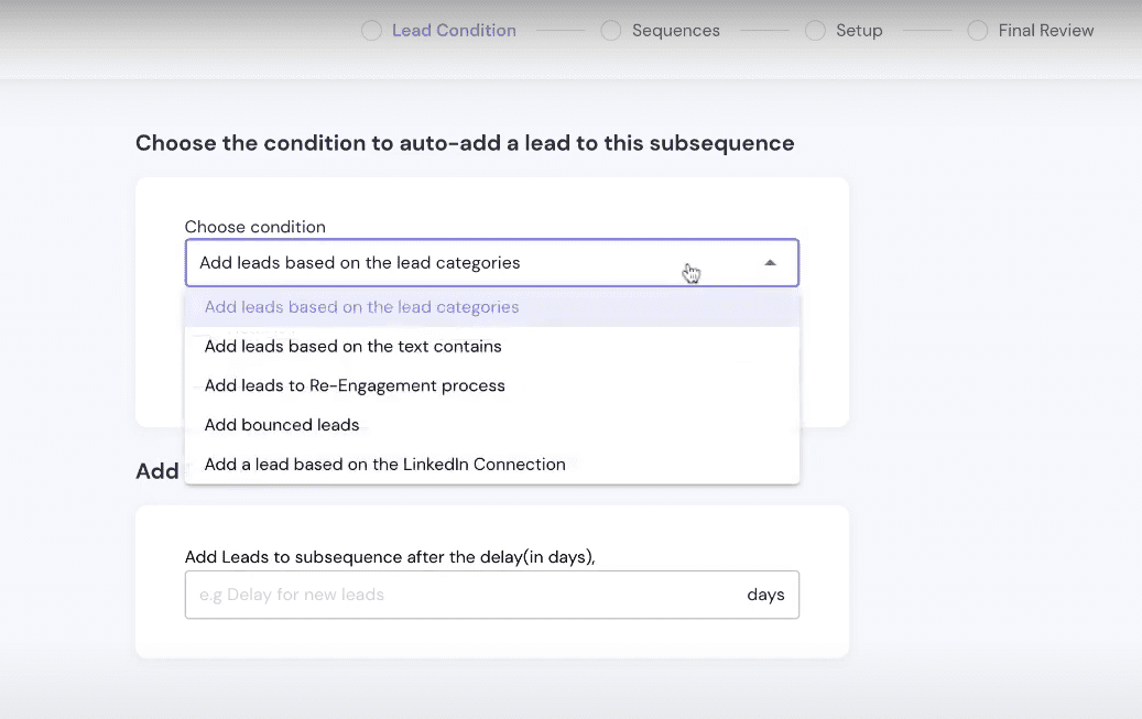 Selecting conditions for subsequences in Smartlead