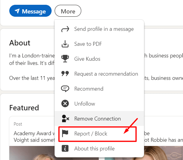How to report someone on LinkedIn, step 1