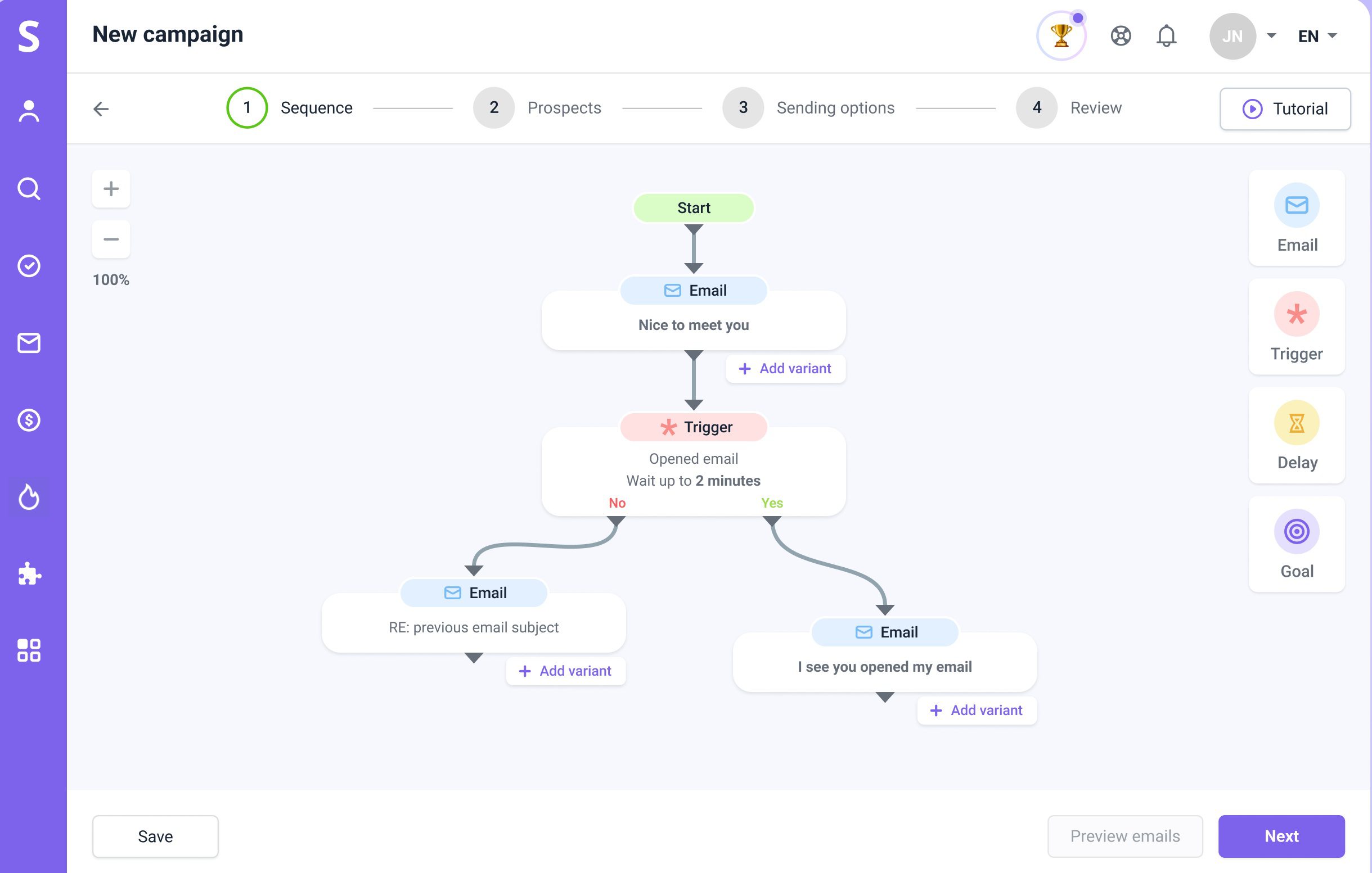 Building a new campaign in Snov.io