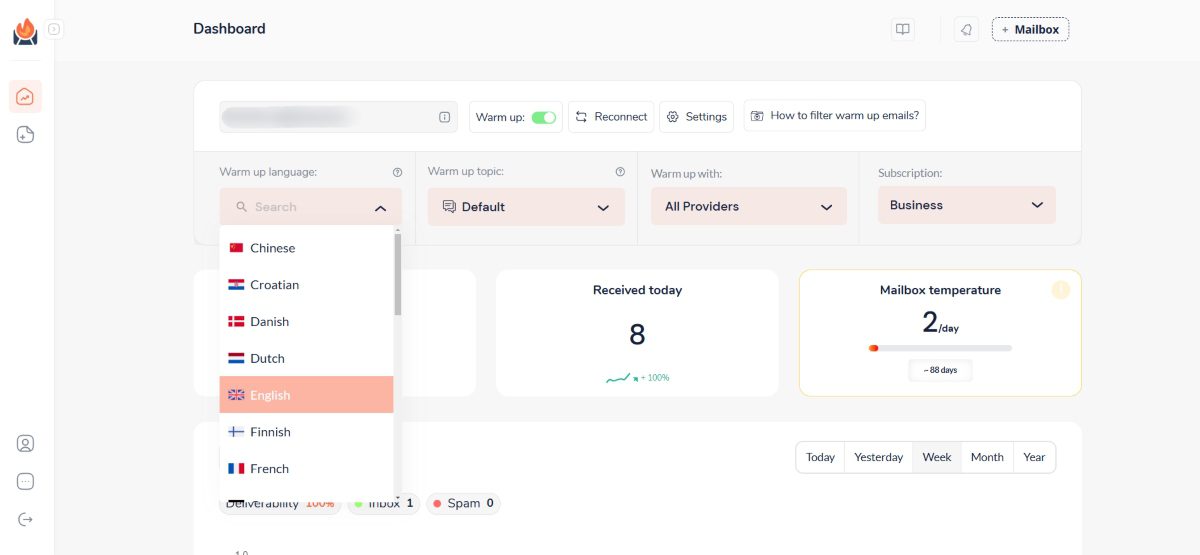 Dashboard of InboxFlare, one of the email warm-up tools