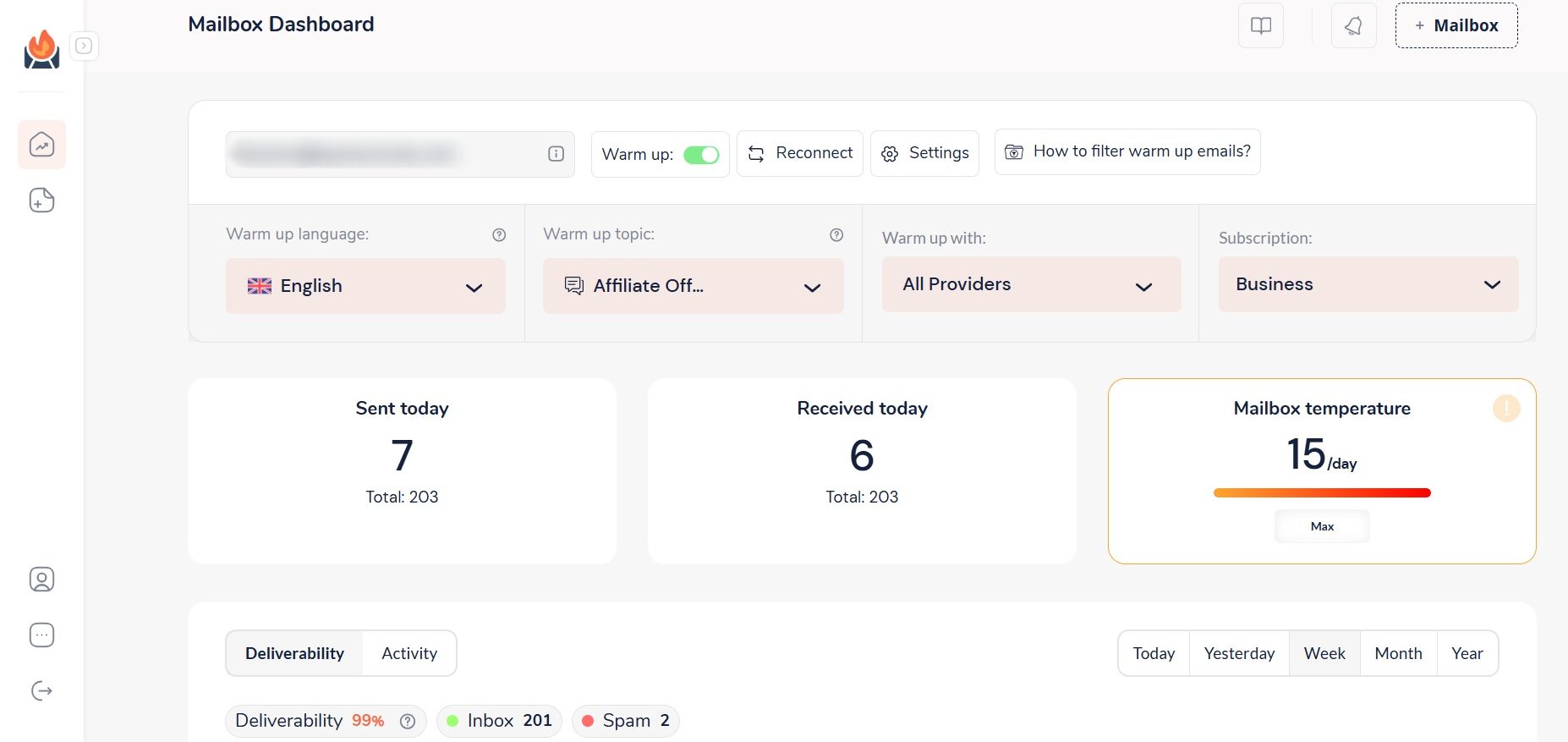 Dashboard of one of the best email warm up tools, InboxFlare