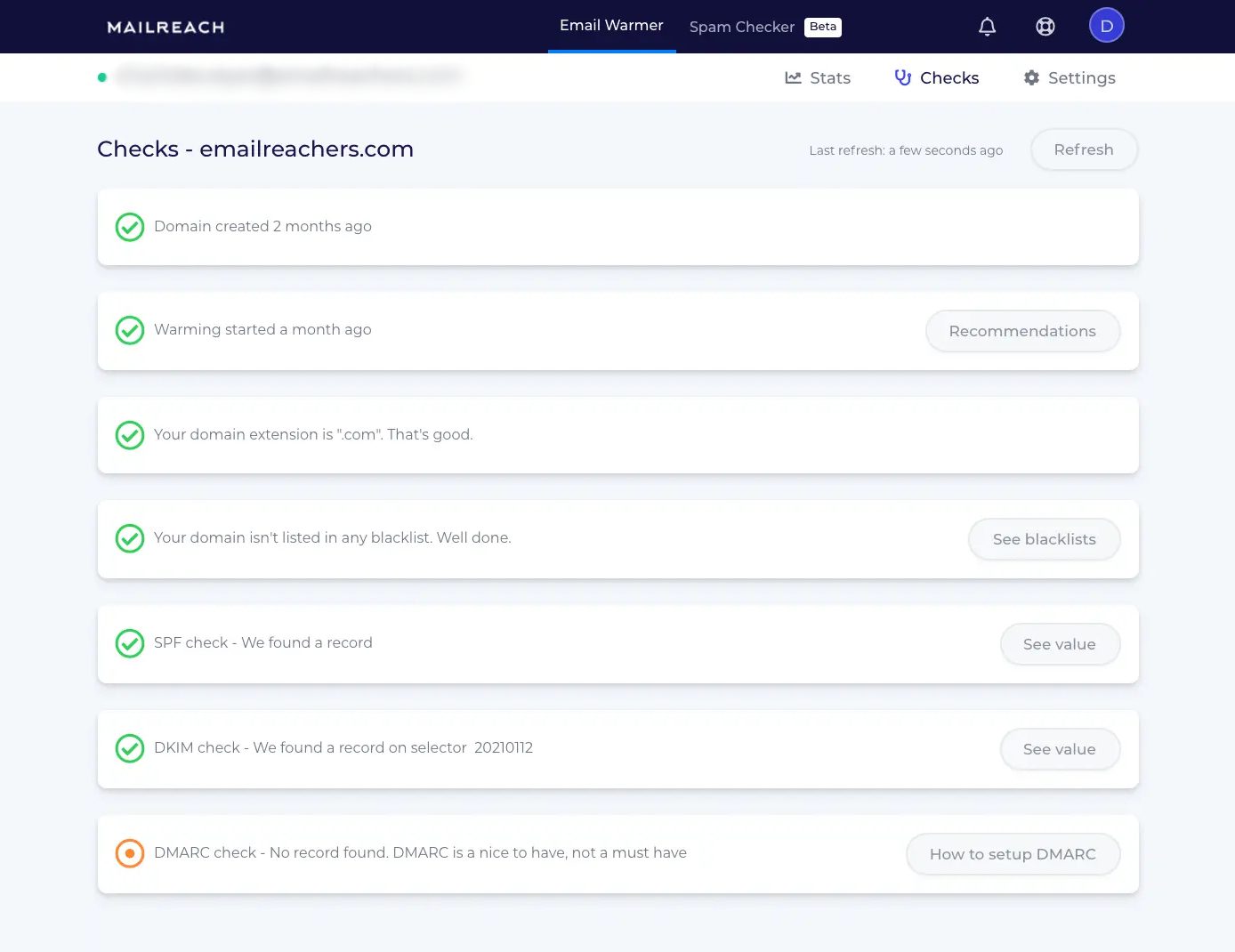 Email check in an email warm up tool Mailreach