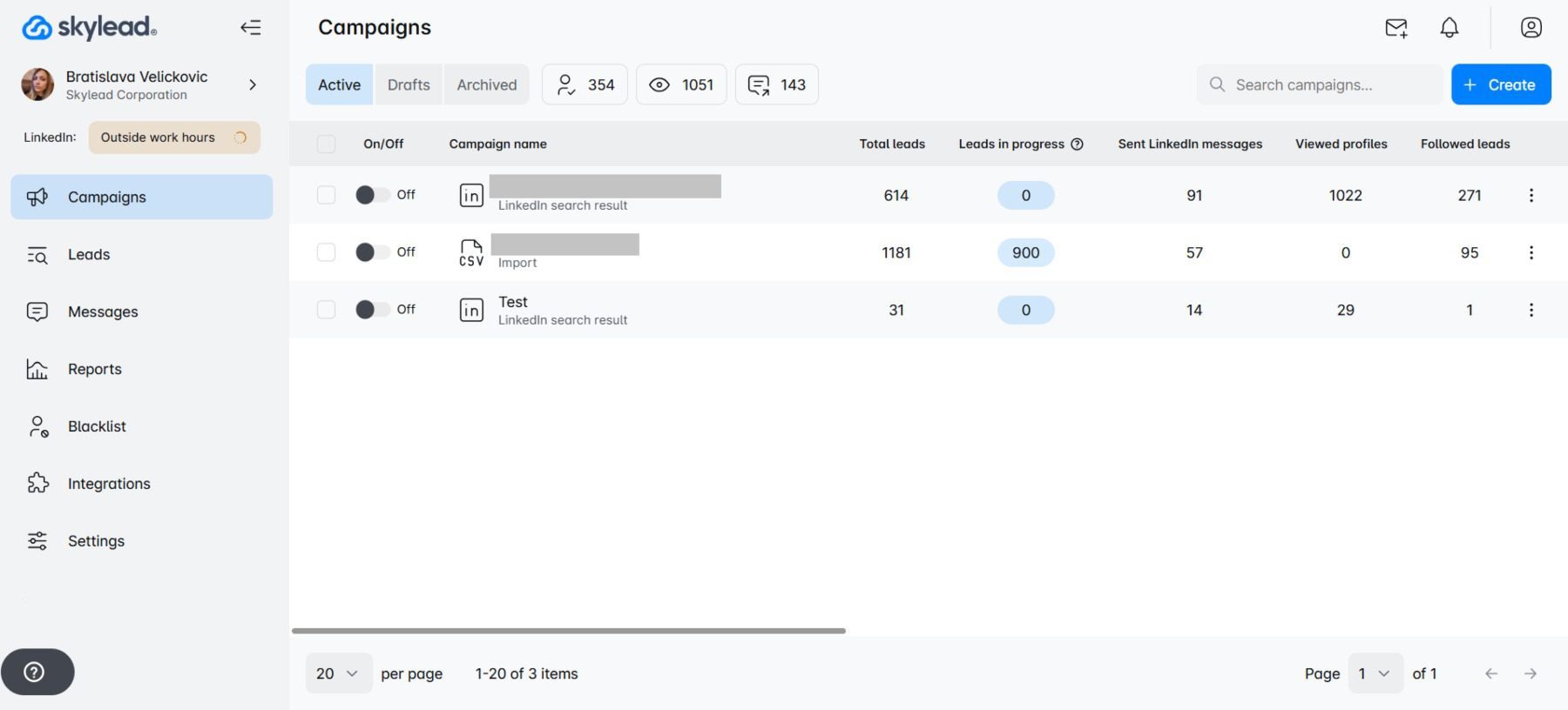 Campaigns page in Skylead, one of Expandi alternatives