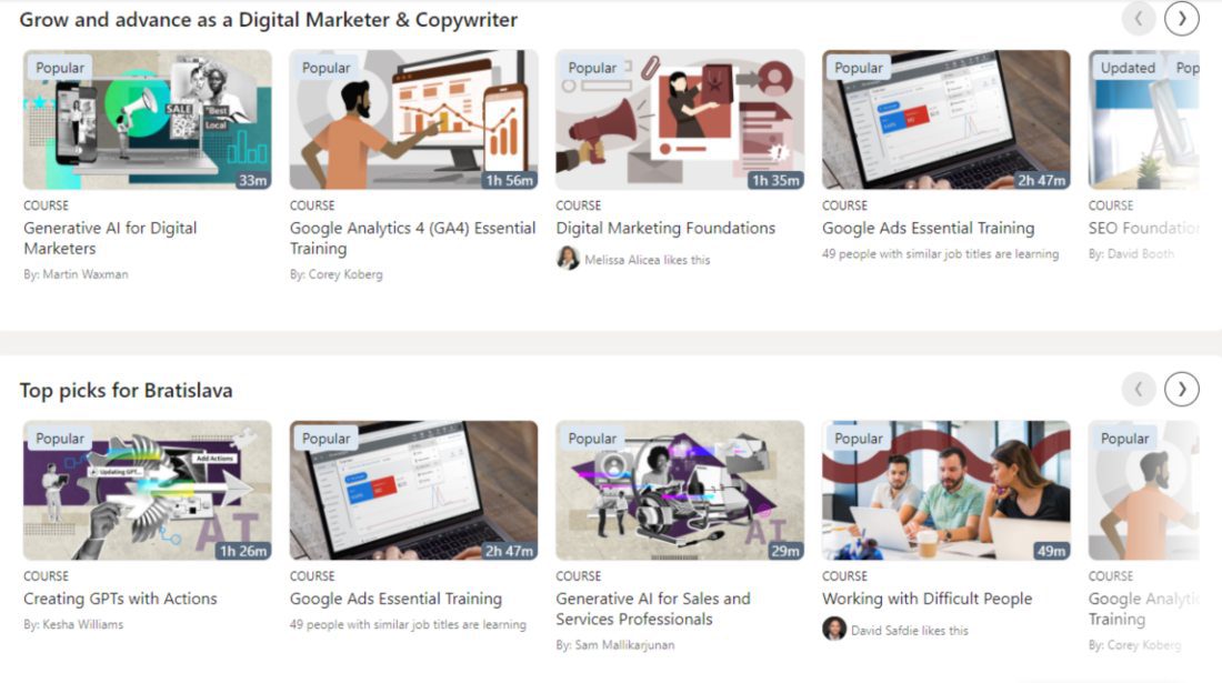 Example of recommended courses in LinkedIn Learning, one of the features covered in LinkedIn Sales Navigator vs Premium comparison