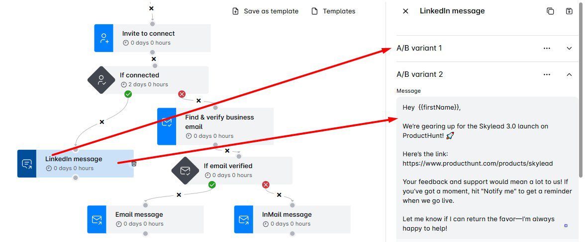 A/B testing in Skylead for Product Hunt launch outbound lead generation automated campaign