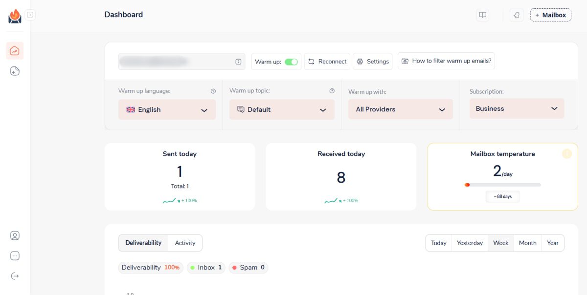 InboxFlare dashboard - an email warm-up tool that's available to Skylead users